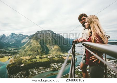 Couple Man And Woman Enjoying  Mountains Love And Travel Lifestyle Adventure Vacations Concept Famil