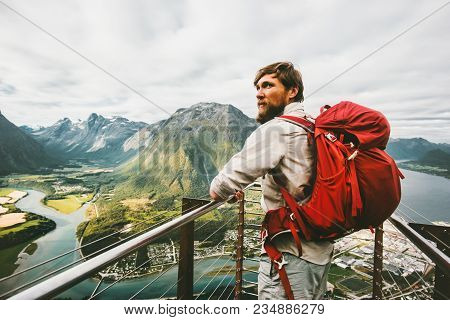 Tourist Man Sightseeing Aerial Mountains Adventure Travel Lifestyle Summer Vacations In Norway Trave