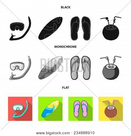 Diving, Surfing, Cocktail.summer Vacation Set Collection Icons In Black, Flat, Monochrome Style Vect