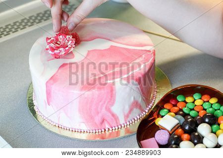 Making Of Tasty Pink Homemade Cake. Marbelous Effect On Cake