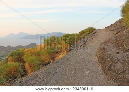 Ascent To The Volcano On The Island Of Vulcano, Italy, Lipari. Road To The Volcano.