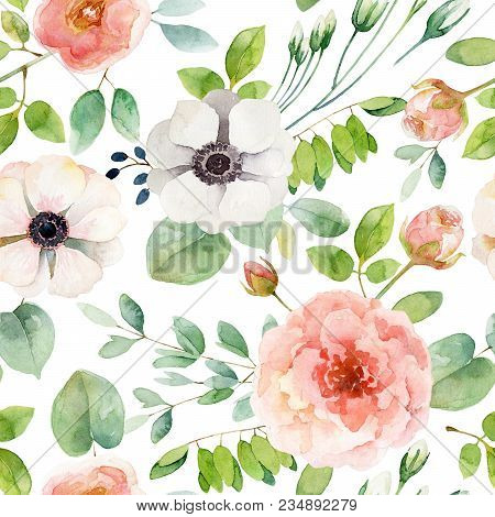 Seamless Floral Pattern With Rose And Anemones. Watercolor Illustration