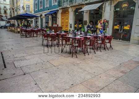 Lisbon - April 01 , 2018 : Cafe Terrace In The Pedestria Area Of The Barrio Alto, Or Upper Town, In 
