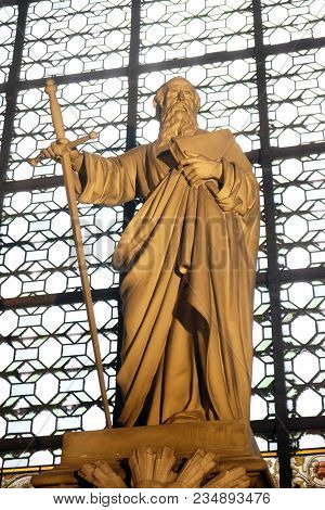 PARIS, FRANCE - JANUARY 04: Saint Paul the Apostle, statue in the Saint Sulpice Church, Paris, France on January 04, 2018.