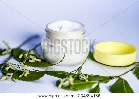 Close Up Of Cream Of Neem,nim, Indian Iilac Or Azadirachta Indica With The Leaves Of Neem Tree Isola