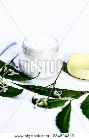 Close Up Of Cream Of Neem,nim, Indian Iilac Or Azadirachta Indica With The Leaves Of Neem Tree Isola