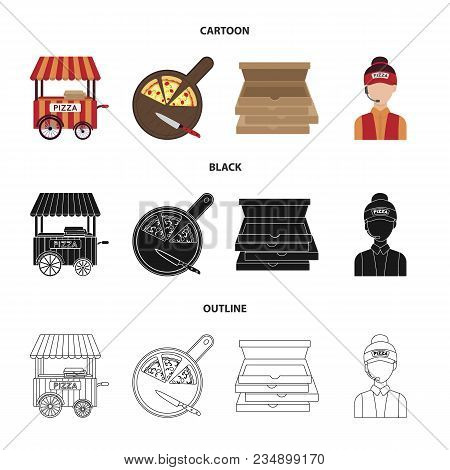 Mobile Trailer, Cutting Board For Pizza, Boxes, Salesman. Pizza And Pizzeria Set Collection Icons In
