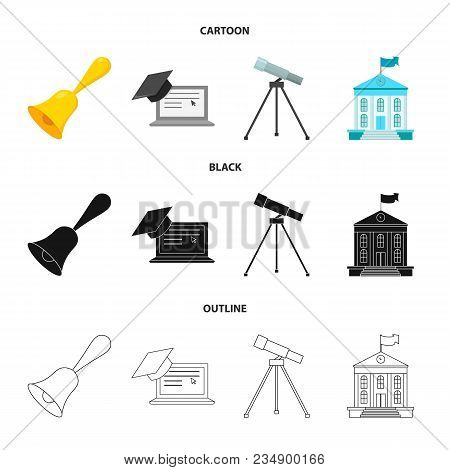 School Bell, Computer, Telescope And School Building. School Set Collection Icons In Cartoon, Black,