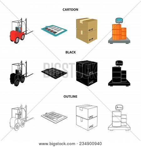 Forklift, Delivery Slips, Packaged Goods, Cargo On Weighing Scales. Logistics And Delivery Set Colle