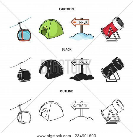 Funicular, Tent, Road Sign, Snow Cannon. Ski Resort Set Collection Icons In Cartoon, Black, Outline 