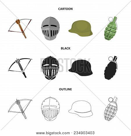 Crossbow, Medieval Helmet, Soldier Helmet, Hand Grenade. Weapons Set Collection Icons In Cartoon, Bl
