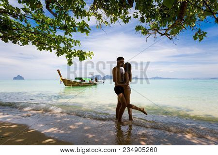 Summer Landscape With Young Caucasian  Tourist Couple On Tropical Koh Kradan Island  In Thailand. Ho