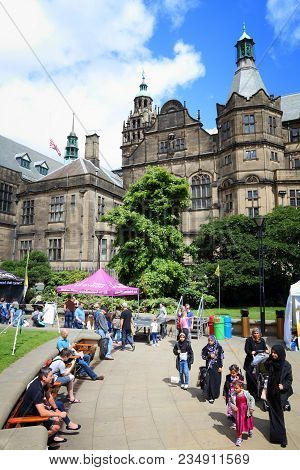 Sheffield, Uk - July 10, 2016: People Walk In Sheffield, Yorkshire, Uk. Sheffield Is The 6th Largest