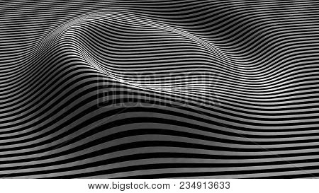 Black And White Abstract Waves On White Background - Surface Made Of Lines, Horizontal Movement - Se