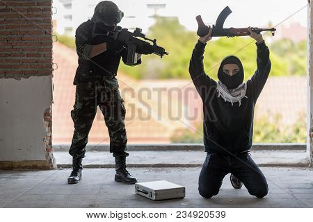 Special Forces Armed Marksmen With Weapon Arresting Separatist Terrorist.law Against Crime.arrest Of