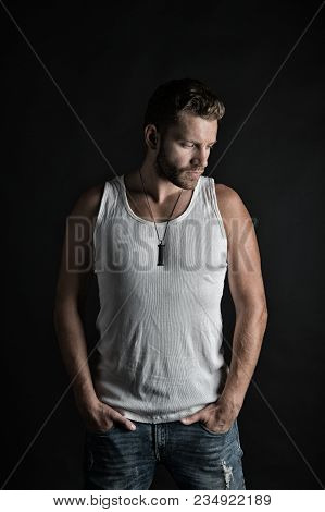 Style And Look, Barber. Fashion And Beauty. Man With Unshaven Face In Studio. Fashion Model On Grey 