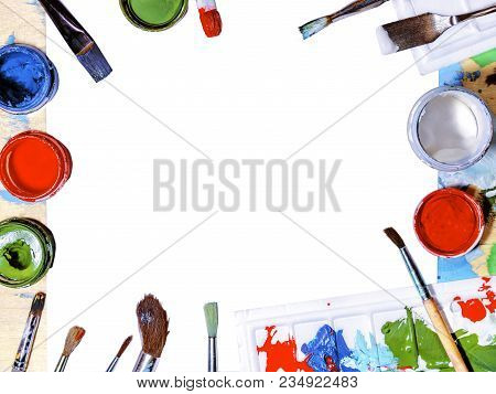 Color Gouache Jars On White Background. Top View, Copy Space
