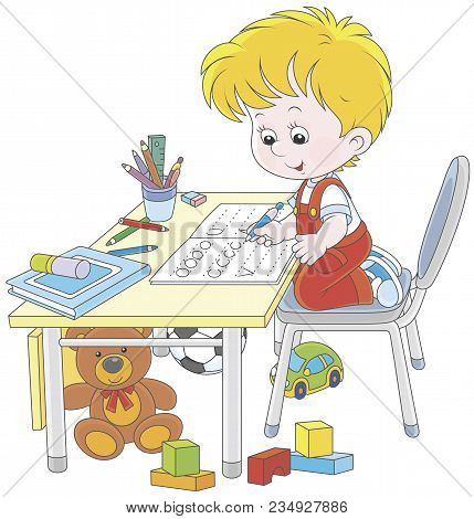 Little Boy Doing His Homework In An Exercise Book With Samples Of Writing, A Vector Illustration In 