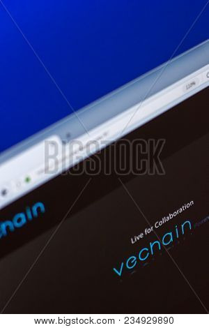 Ryazan, Russia - March 29, 2018 - Homepage Of Vechain Cryptocurrency On Pc Display, Url - Vechain.co