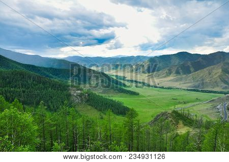 Landscape Of A Mountain Valley. Chike-taman Road Pass, Altai.