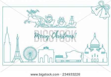 Santa Claus With Christmas Presents In Sleigh With Reindeers Over Famous Buildings And Constructions