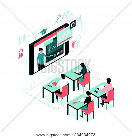 Professor Talking On A Video Conference On A Smartphone And Adult Students Learning: Online Courses 