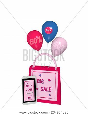 Pink Shopping Bag With Balloons And A Mobile Phone With Sale 50% Advertising. 3d Rendering