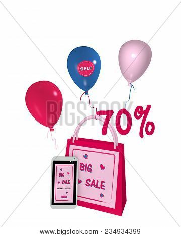Pink Shopping Bag With Balloons And A Mobile Phone With Sale 70% Advertising. 3d Rendering