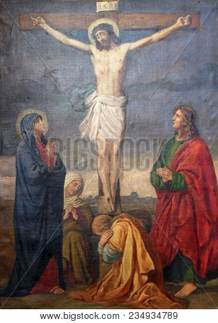 SISAK, CROATIA - DECEMBER 07: 12th Stations of the Cross, Jesus dies on the cross, Church of Visitation of the Virgin Mary in Sisak, Croatia, on December 07, 2017.