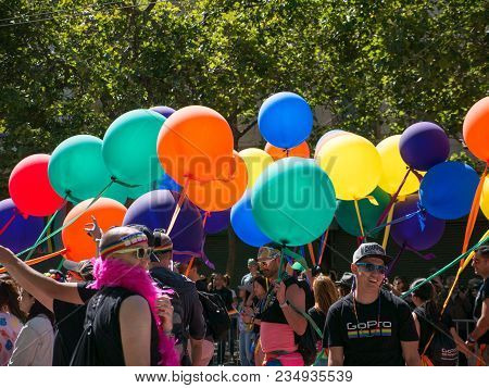 San Francisco, Ca - June 25, 2017: Marchers At The 2017 San Francisco Gay Pride Parade. The Group Is
