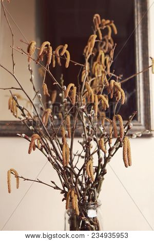 Willow And Hazel Branches With Catkins In Interior. Spring  Bouquet With Pussy Willow And Hazel Catk