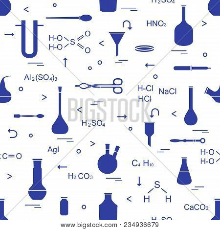 Pattern With Chemical, Biological, Scientific, Education And Research Elements: Flasks, Formulas, Be
