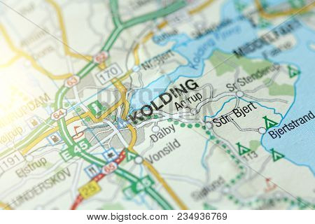 Kolding. Kongeriget Danmark. A Paper Map And Roads On The Map.