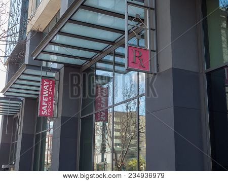 San Francisco, Ca - March 16, 2018: Safeway Pharmacy Signs Outside Of San Francisco Location. The Gr