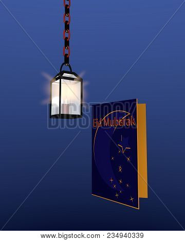 Greeting Card With Crescent In Dark Blue-yellow And A Glowing Lamp With Blue Background. 3d Renderin