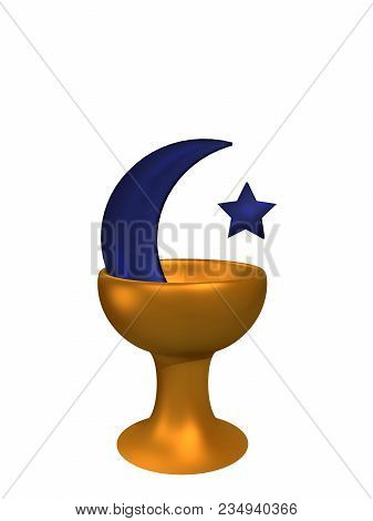 Golden Chalice With Blue Crescent And Star. Isolated On White. 3d Rendering