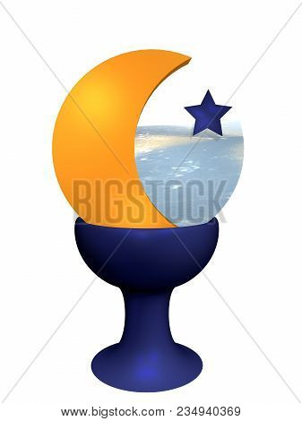 Blue Chalice With Crescent And The Sea. Isolated On White. 3d Rendering