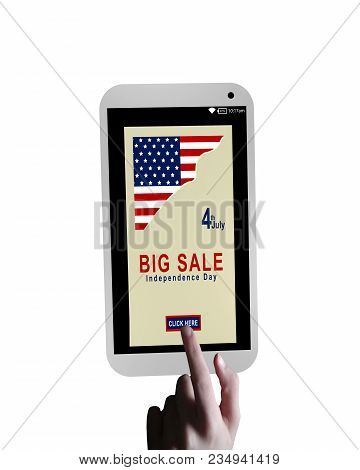 Mobile Phone With Sale Advertising And A Finger Clicking On A Button. Isolated On White, 3d Renderin