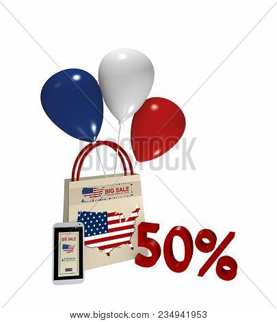 Shopping Bag With Balloons And Mobile Phone With Sale Advertising For Independence Day And The Text 