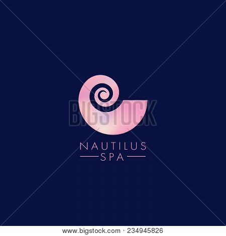 Nautilus Nacre. Spiral. Shell. Spa Logo. Pink Conch Shell On Blue Background.