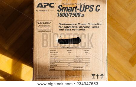 Paris, France - Mar 29, 2018: Box Of Apc Smart-ups C 1000va Lcd 230v Enterprise-level Uninterruptibl