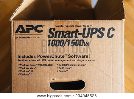 Paris, France - Mar 29, 2018: Detail Of The Open Box Of Apc Smart-ups C 1000va Lcd 230v Enterprise-l