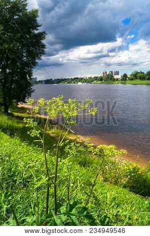 Admirable View Of The Stormy Sky Over The Volga River And Its Picturesque Shores. Russia Regional Ce