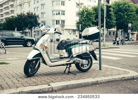 Paris, France - Jun 27, 2015: Side View Of Piaggio Scooter Parked On A French Street