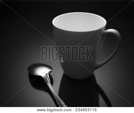 White Coffee Tea Cup With Metal Spoon On Black Background Kitchen
