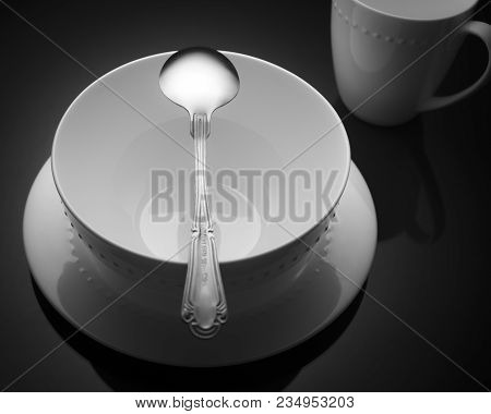 White Porcelain Bowl Spoon Coffee Tea Cup On A Black Background Used In Kitchens