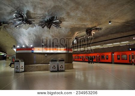 Finland, Helsinki - March 25, 2018: Fragment Of The Interior Of The Station Kamppi Metro In Helsinki