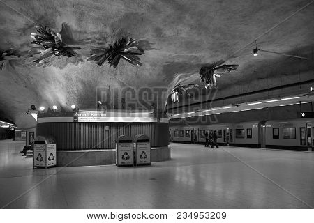 Finland, Helsinki - March 25, 2018: Fragment Of The Interior Of The Station Kamppi Metro In Helsinki