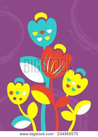 Cute Tulips Flower Retro Card In Naive Ethnic Style.