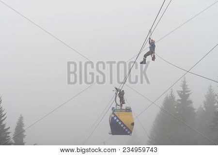 Alpinist Is Rescue People Exercise On Gondola Car